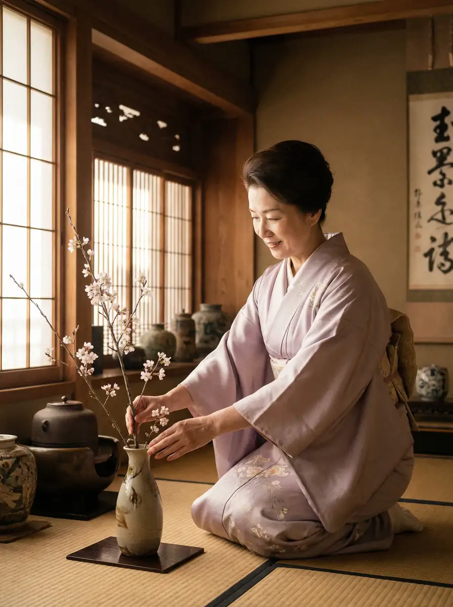 一位优雅的 k体育注册送68平台平台 在和室中插花